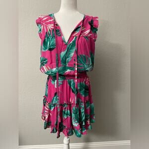 Adrienne fuschia dress with green tropical leaves and tiered skirt - size large